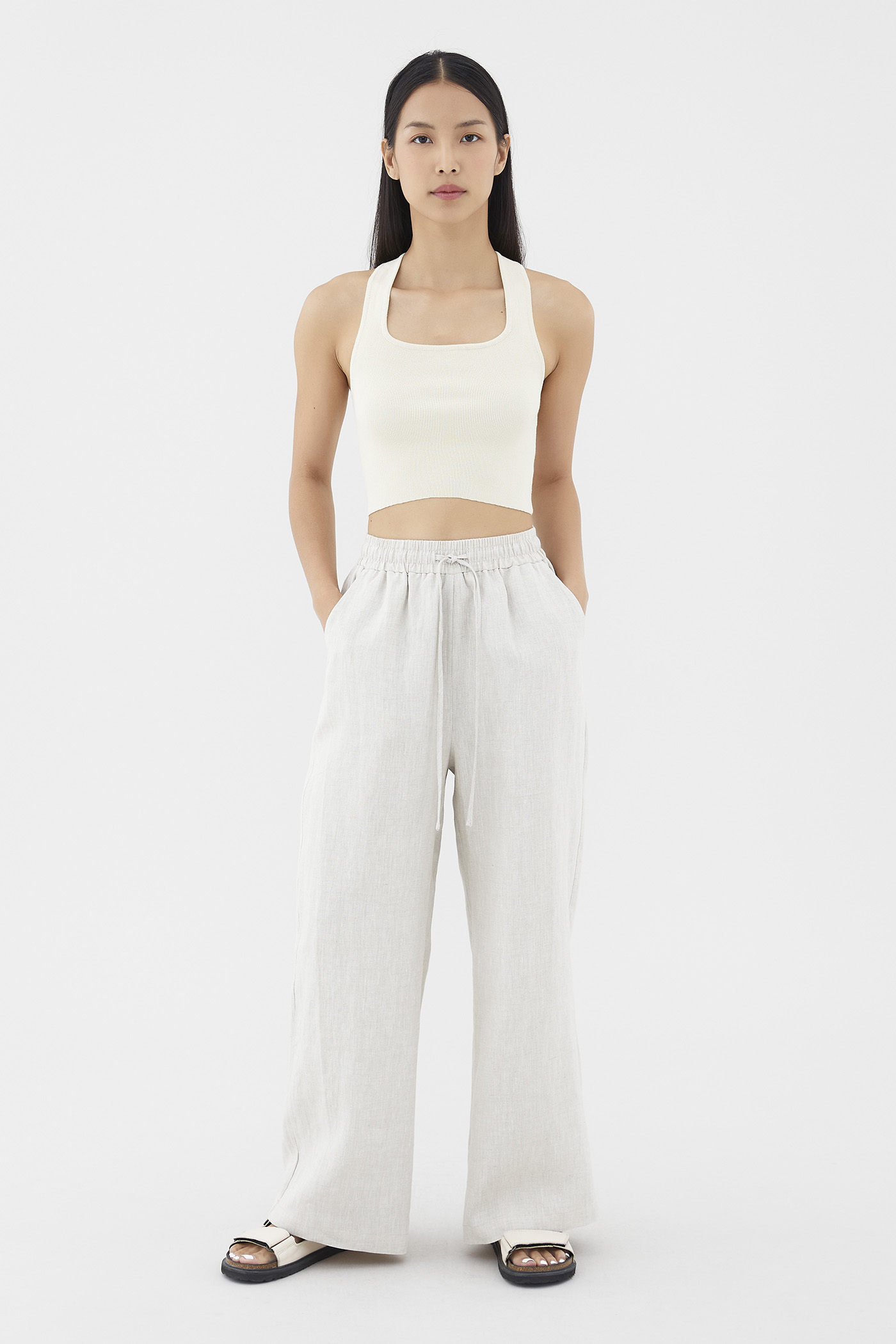 White linen on sale drawstring pants womens