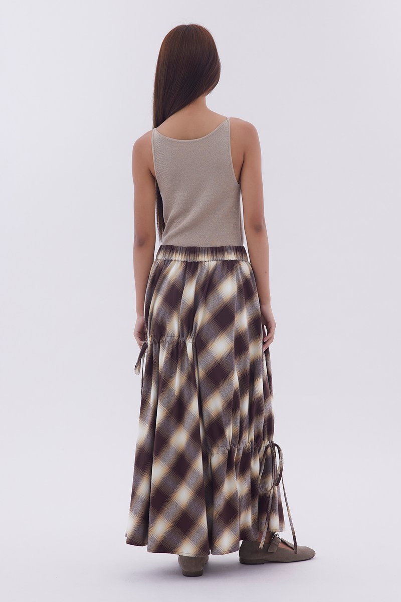 Checked Ruched Midi Skirt