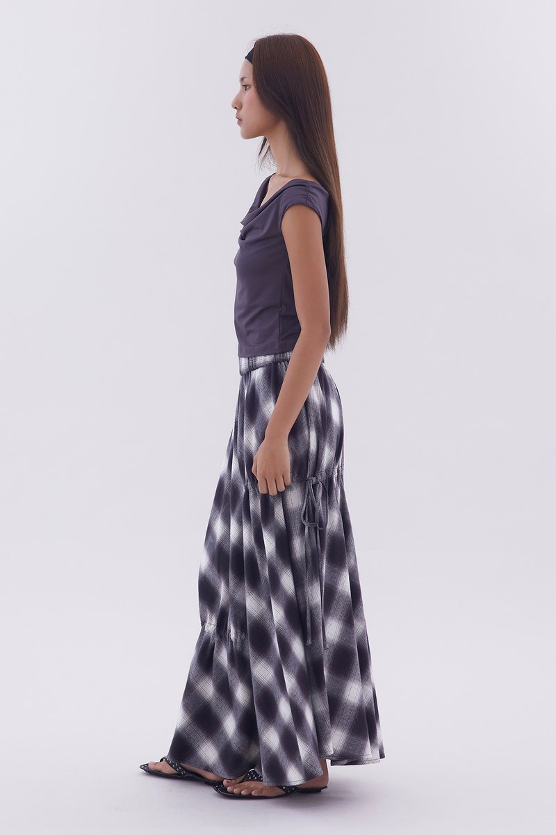 Checked Ruched Midi Skirt
