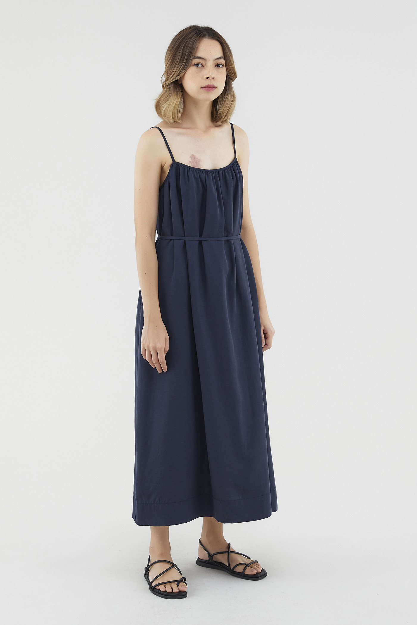 Carlyn Midi Dress - Linen Look Detachable Straps in Blue