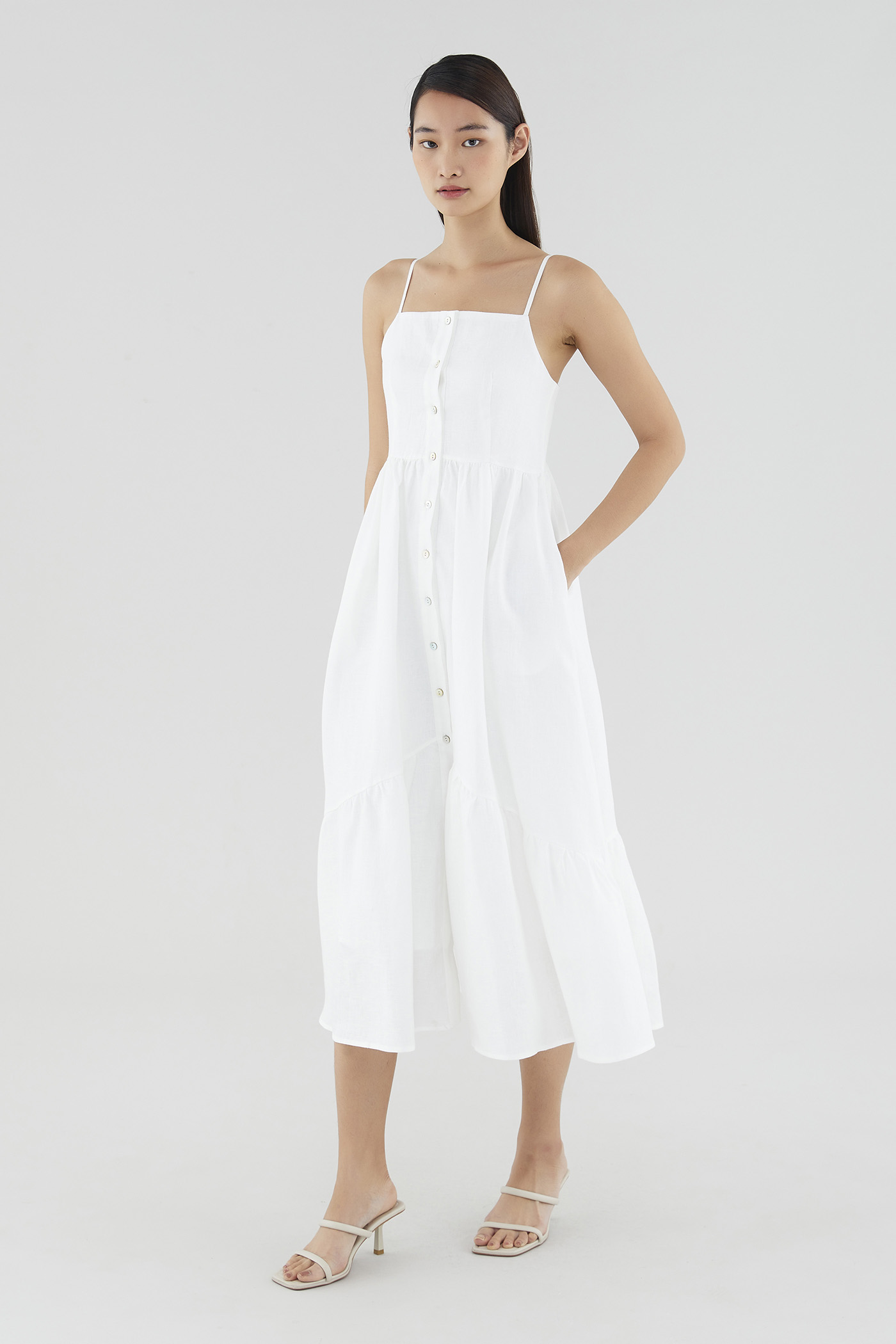 White linen clearance button front dress